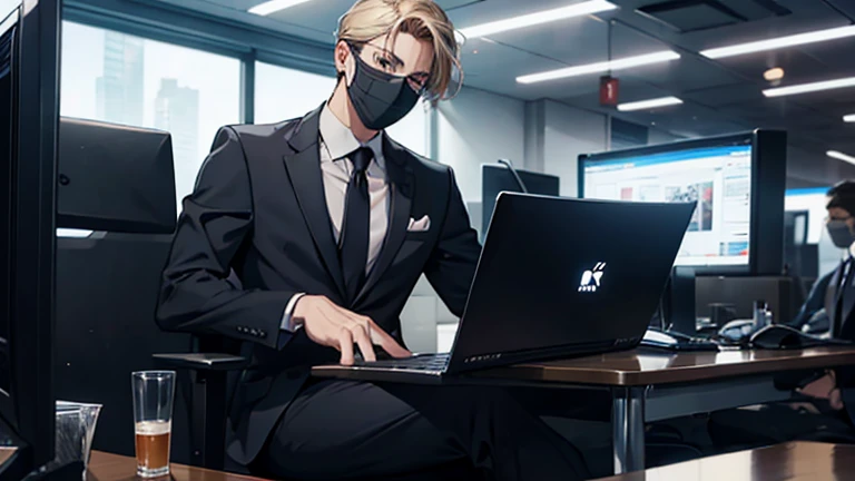 masked men wearing a suit sitting in a youtube office with computers on his table