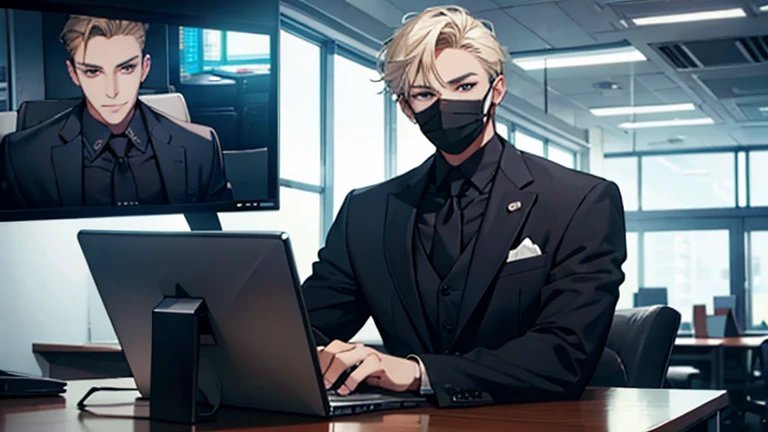 masked men wearing a suit sitting in a youtube office with computers on his table