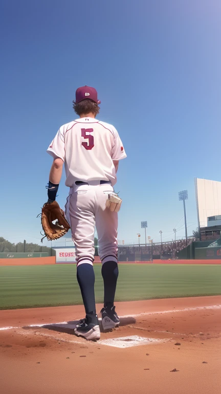 There is a baseball player standing on the field with a catcher's mitt, plano general de cuerpo completo, tiro a nivel del suelo, 3 / 4 tiro amplio, Disparo distante de cuerpo entero, tiro de vuelta, Alex Flores, film shot by danis villeneuve, still photo of view from behind, long shot from behind, foto de perfil, Medium shot taken from behind, long shot from behind