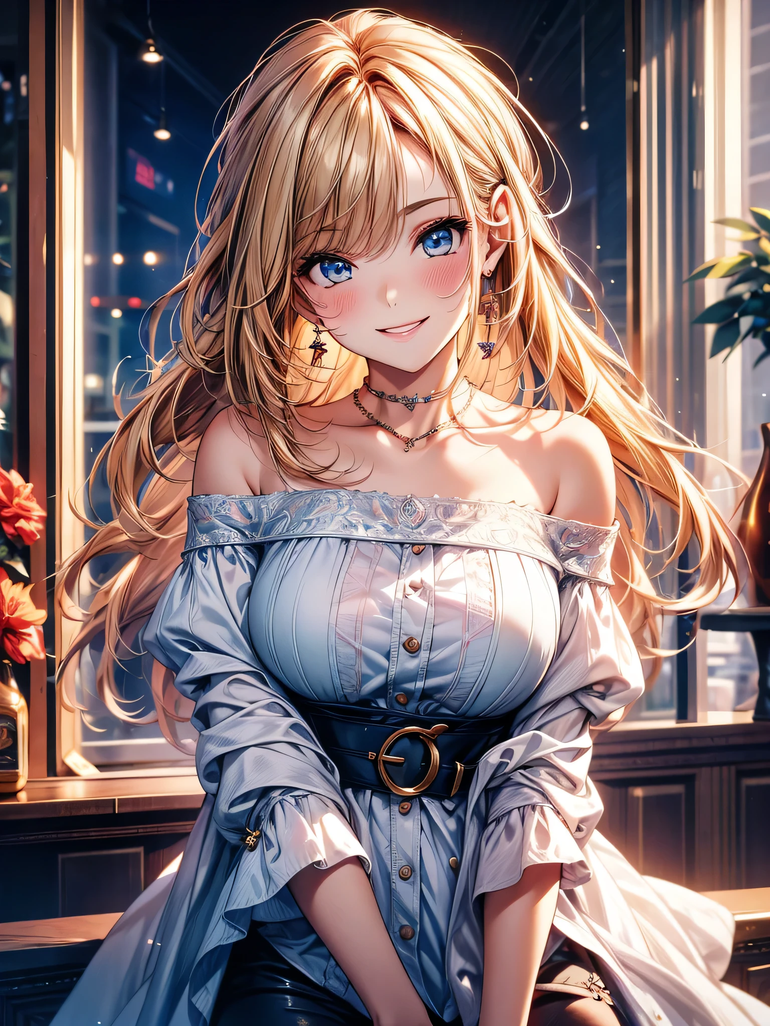 best quality, masterpiece, Ultra-high resolution, Reality, 1 Girl, Off-shoulder, Smile