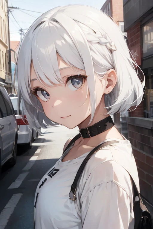 girl with white hair that looks at the camera