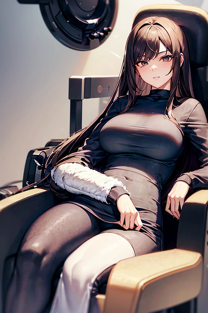 a 20 year old girl with long brown hair sitting in a gaming chair he an streamer she feels sexy she is slimeing and wearing tight clothes
