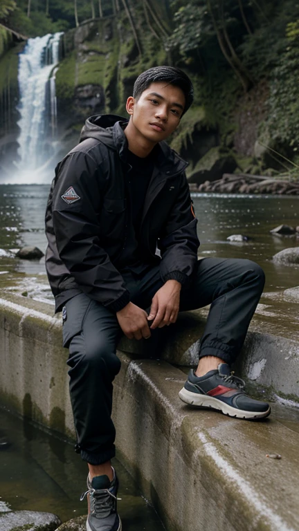 highest quality,masterpiece,Ultra-high resolution,(Reality:1.4),Original photo,Cinema Lighting,a 22 year old Indonesian man, height 168 cm, weight 60, wearing a mountain jacket wearing black cargo pants, wearing mountain shoes is sitting on at a waterfall on the mountain