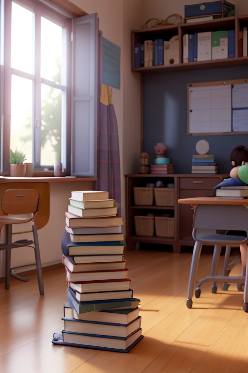pile of books on top of a school desk. happy clear and bright atmosphere. Students, school, reading