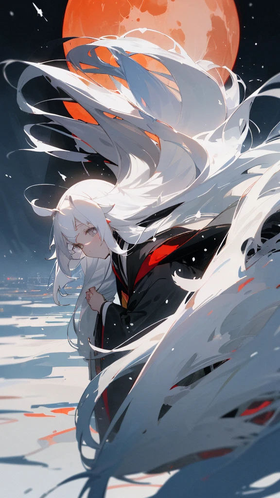(masterpiece、highest quality)、Very long white hair、Very long white hairの女の1人、Black cardigan、Grim expression、Grey Eyes、Warm lighting、 Blurred foreground、Deep in the night、High Contrast、night,snowing,Heavy snowfall,winter,Alone in the vast snowy field,whole body,curse,Facing forward,Huge construction,Flying with robot wings,Long Hair,Pitch black night,shining yellow full moon,universe,Princess Kaguya,planet,red,Three thousand worlds,Falling from the sky,Background center,Landscape Main
