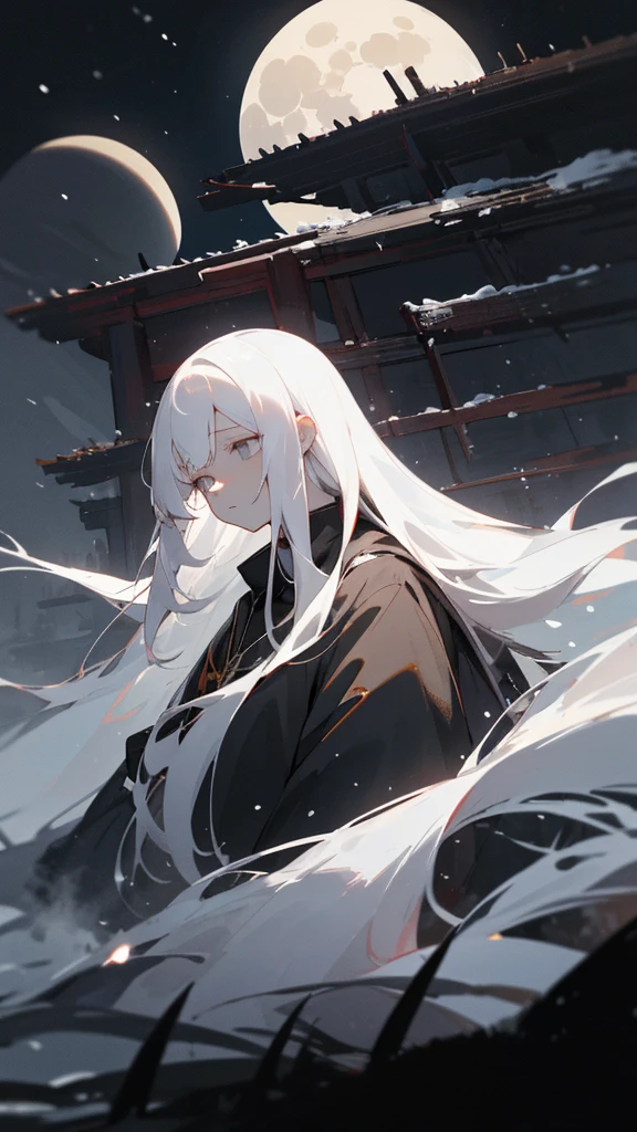 (masterpiece、highest quality)、Very long white hair、Very long white hairの女の1人、Black cardigan、Grim expression、Grey Eyes、Warm lighting、 Blurred foreground、Deep in the night、High Contrast、night,snowing,Heavy snowfall,winter,Alone in the vast snowy field,whole body,curse,Facing forward,Huge construction,Flying with robot wings,Long Hair,Pitch black night,shining yellow full moon,universe,Princess Kaguya,planet,red,Three thousand worlds,Falling from the sky,Background center,Landscape Main