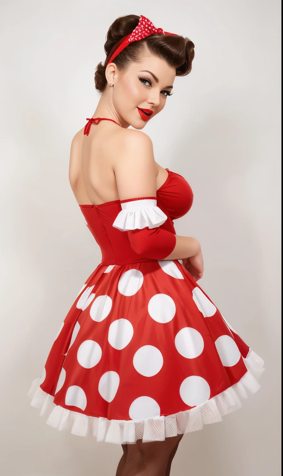 Full length photo of a girl. realistic 35 year old sexy emotional, рыжеволосая Diana Dors. she opened her mouth, squinting one eye as if winking, open mouth, adding mystery and sexuality. She touches her feet with surprise, taking a sexual position. The model is made in pin-up style with hair styled in victory rolls style. She has plump sexy red lips, she has average breasts and blows a sexy kiss. She portrays an American housewife. Her short hair creates the look of a pin-up girl. She is on a white background, red retro dress with large polka dots with fluffy, voluminous ballerina skirt bouffant dress. red retro bouffant dress with polka dots in pin-up style with large polka dots, a fluffy, voluminous ballerina skirt and a tutu. A red bandana on the head., and red stockings on her legs wears a red retro dress with large polka dots with a fluffy voluminous ballerina skirt. Red bandana on head, and red stockings on my feet. The photo is made in pin-up style, emphasizing the retro-USA vibe. winks blinks one eye turns looks straight at the camera she touches her lips she laughs