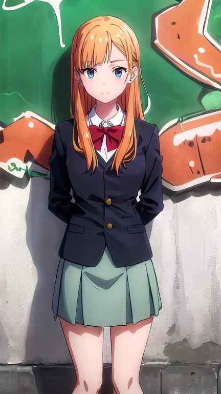 best quality,4k,8k,highres,masterpiece:1.2),umasterpiece,high quality,solo,
Orange hair, green eyes,
gray skirt, white long sleeve blouse, red bow, , green short blazer, high quality, school graffiti in the background.