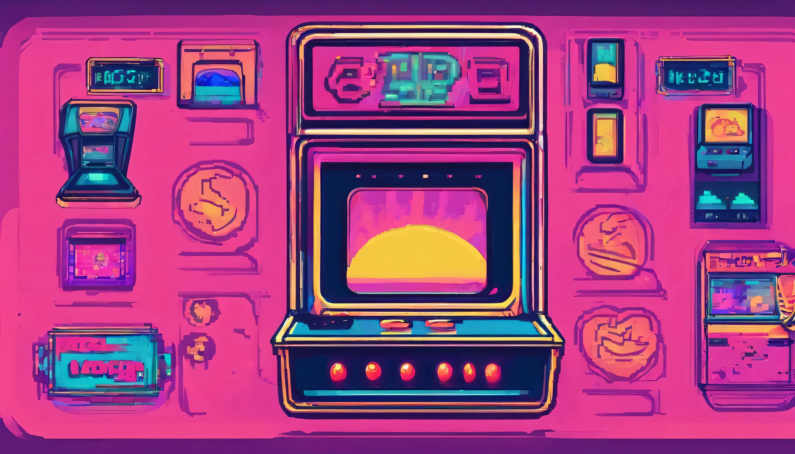 cute aesthetics, Arcade Game Room, zero, Vaporwave, Synthwave. Water Icon, fire, electricity, Metal, and, Earth, Light