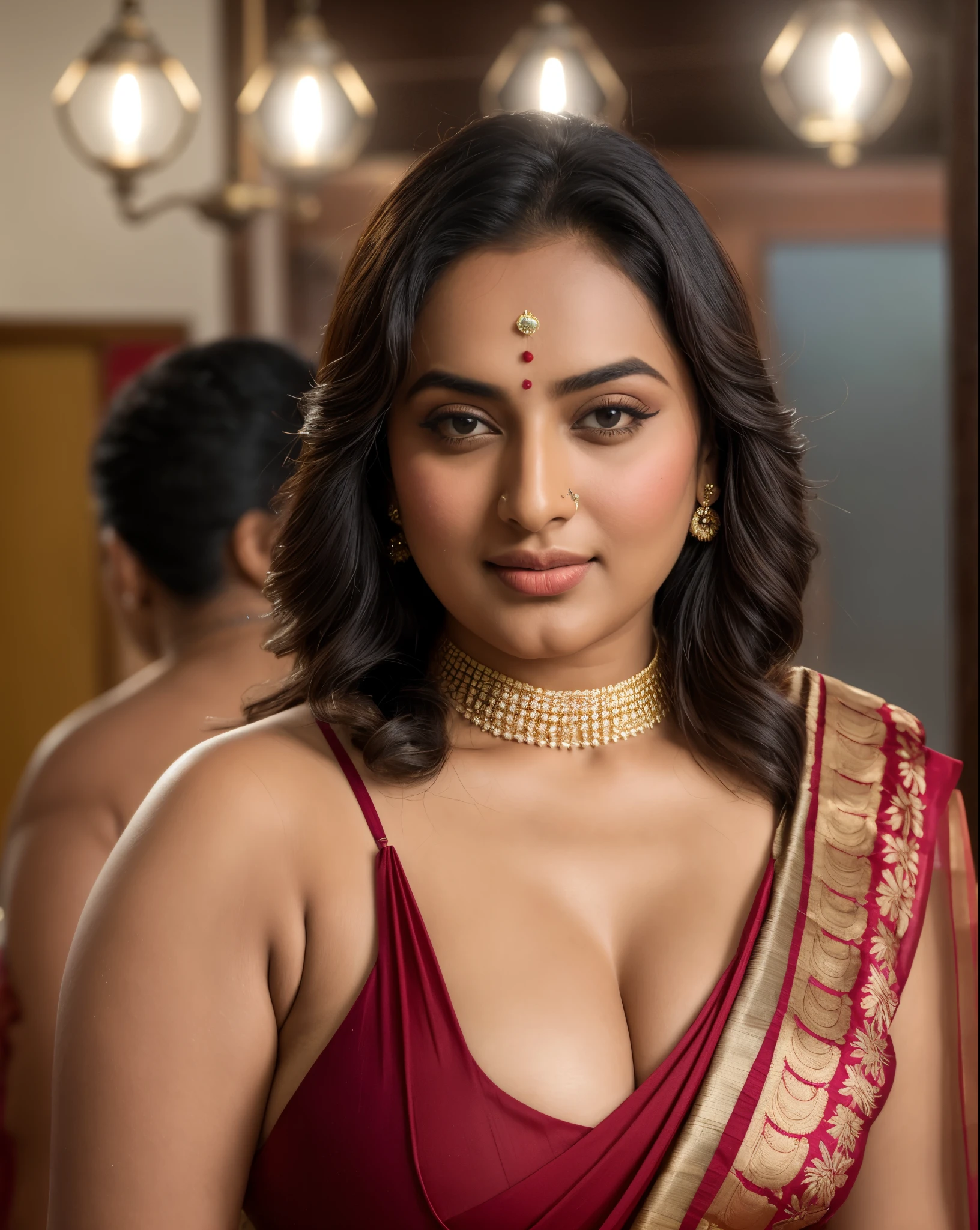 Foto RAW, photorealistic, photography, full body shot, master shot, perfect eyes, goddess like beauty, pierced eyes, perfect thick chubby mallu Desi aunty bhabhi, Wearing a Stanapatta, a chest-band.Saree model, model Photography, Indian saree shoot, Indian traditional wear advertising photography, traditional wear brand shoot, face of Indian actress Sonakshi Sinha, masterpiece, realistic, realism, incredible details, pleasure, photorealism, detailed skin, skin pores, high contrast, photorealistic Artstation 8k HD digital art trend of high definition and detailed realistic skin texture, ultra detail, realistic skin texture, armature, best quality, ultra high definition, (photorealistic:1.4),, high resolution, detail, raw photo, sweat, Re sharp, by Lee Jefferies Nikon D850 Film Stock Photo 4 Kodak Portra 400 Camera F1.6 Lens Rich Color Ultra Real Realistic Realistic Textures Dramatic Lighting Unreal Engine Trending at Art Station Cinestill 800,(pele altamente detalhada: 1.2), 8k UHD, DSLR, soft-lighting, alta qualidade, grain of film, Fujifilm XT3,she didn't like to wear blouse or bra, she is happy to wear only saree, she hates blouse or bra, detailed hairy armpits, hyper realistic skin, skin pores, sweat, veins,