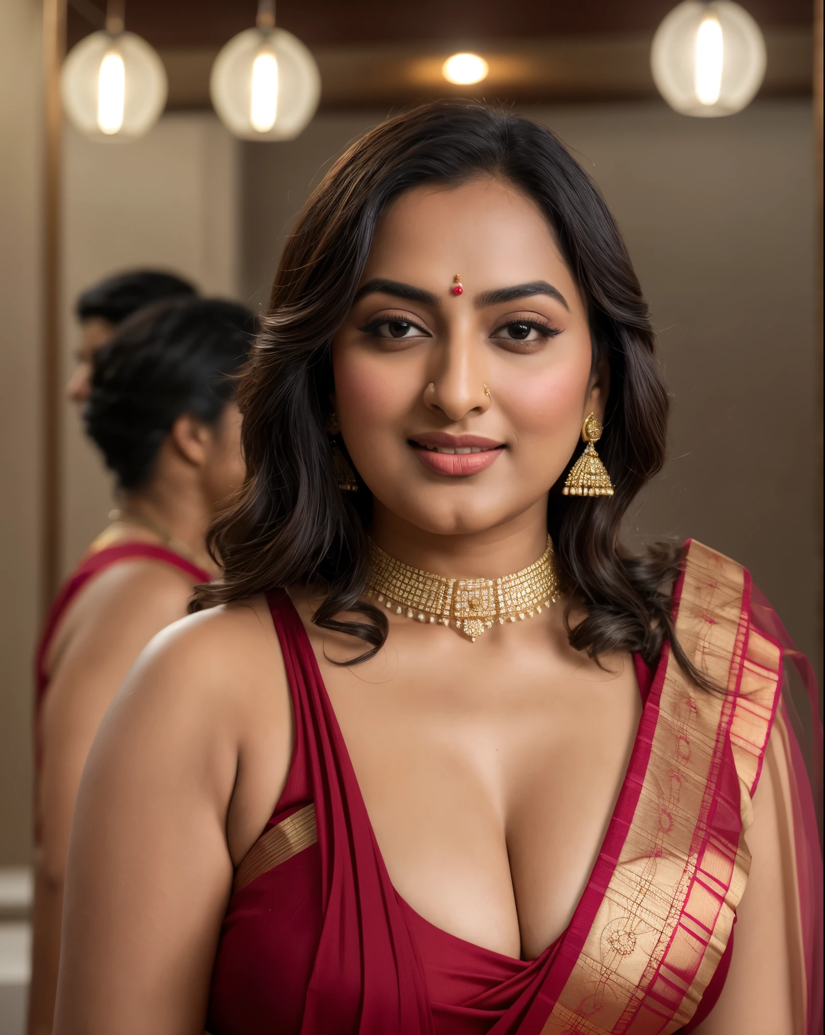 Foto RAW, photorealistic, photography, full body shot, master shot, perfect eyes, goddess like beauty, pierced eyes, perfect thick chubby mallu Desi aunty bhabhi, Wearing a Stanapatta, a chest-band.Saree model, model Photography, Indian saree shoot, Indian traditional wear advertising photography, traditional wear brand shoot, face of Indian actress Sonakshi Sinha, masterpiece, realistic, realism, incredible details,  pleasure, photorealism, detailed skin, skin pores, high contrast, photorealistic Artstation 8k HD digital art trend of high definition and detailed realistic skin texture, ultra detail, realistic skin texture, armature, best quality, ultra high definition, (photorealistic:1.4),, high resolution, detail, raw photo, sweat, Re sharp, by Lee Jefferies Nikon D850 Film Stock Photo 4 Kodak Portra 400 Camera F1.6 Lens Rich Color Ultra Real Realistic Realistic Textures Dramatic Lighting Unreal Engine Trending at Art Station Cinestill 800,(pele altamente detalhada: 1.2), 8k UHD, DSLR, soft-lighting, alta qualidade, grain of film, Fujifilm XT3,she didn't like to wear blouse or bra, she is happy to wear only saree, she hates blouse or bra, detailed hairy armpits, hyper realistic skin, skin pores, sweat, veins, 