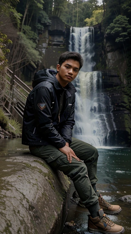 highest quality,masterpiece,Ultra-high resolution,(Reality:1.4),Original photo,Cinema Lighting,a 24 year old Indonesian man, height 168 cm, weight 60, wearing a mountain jacket wearing black cargo pants, wearing mountain shoes is sitting on at a waterfall on the mountain