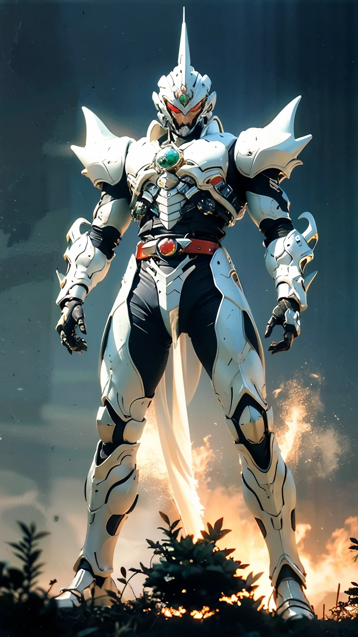 A man wearing a full-face helmet, a fantasy-style biotech armored combat suit, green eyes, (a composite layered chest armor), fully enclosed shoulder guards, matching arm and leg guards, the belt is adorned with fangs biting into gemstone, (the color scheme is primarily white with red and blue accents), the design balances heavy with agility, a high-tech bio-mecha armor, (Armor Concept Inspired by cobra, stand on the top of a skyscraper in a futuristic sci-fi city), this character embodies a finely crafted fantasy-surreal style armored hero in anime style, exquisite and mature manga art style, (battle damage, element, plasma, energy, the armor glows), ((male:1.5)), metallic, real texture material, dramatic, high definition, best quality, highres, ultra-detailed, ultra-fine painting, extremely delicate, professional, perfect body proportions, golden ratio, anatomically correct, symmetrical face, extremely detailed eyes and face, high quality eyes, creativity, RAW photo, UHD, 32k, Natural light, cinematic lighting, masterpiece-anatomy-perfect, masterpiece:1.5