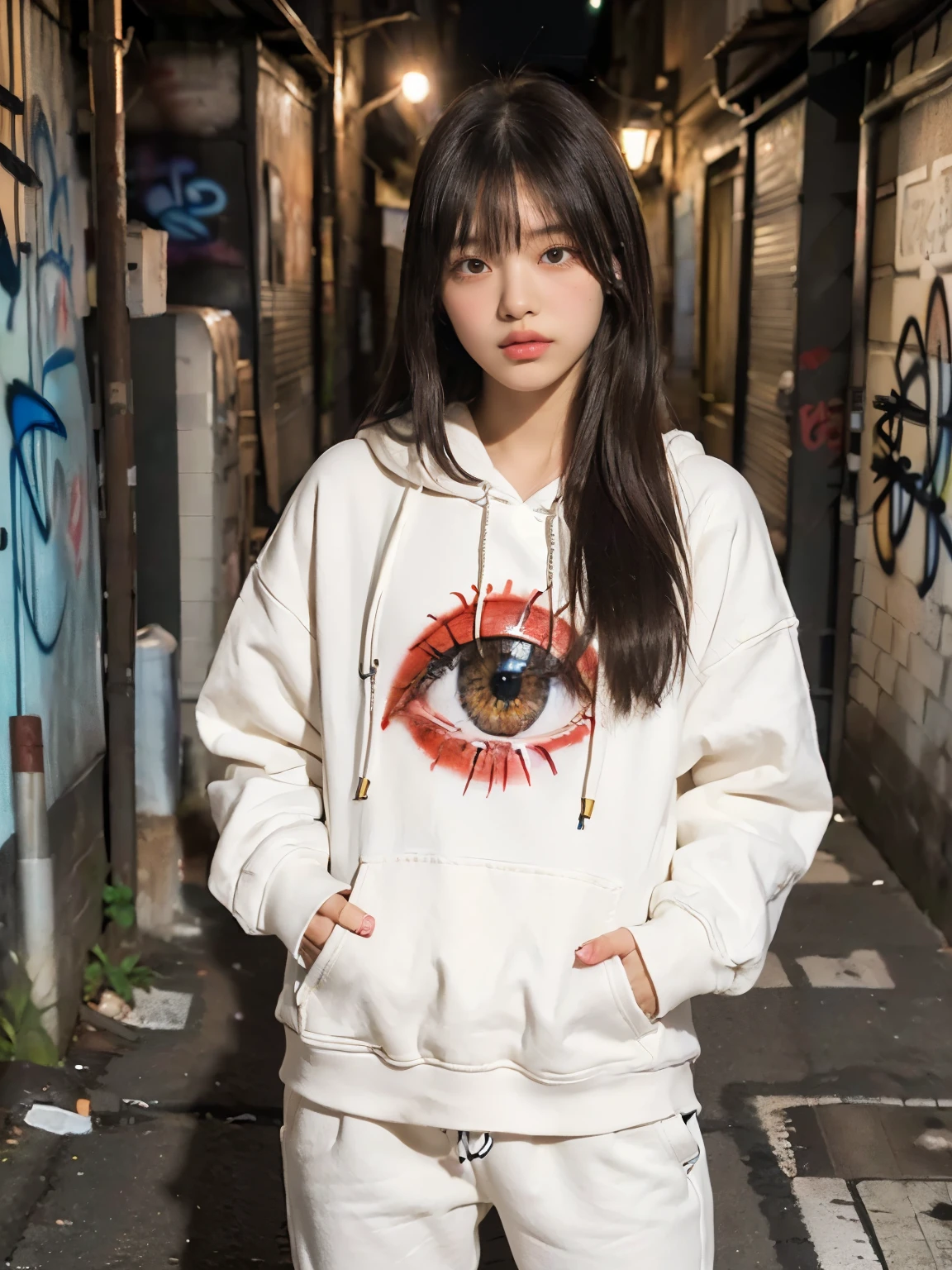 raw photo, 8k, (top-quality), Realistic, (real picture, Intricate details), (natural skin texture, detailed skin, hyper realism, sharpness), (Japanese teenage girl in a dirty back alley at night, hands in pocket, graffitied wall:1.3), ((white hoodie, white jersey pants)), (flat chest:1.3, pale skin:1.2, slender body), ((straight hair, bangs)), (seductive face, provocative look, Parted lips:1.3, eye bag:1.2, red thick lips), graffiti:1.5, night time, upper body shot