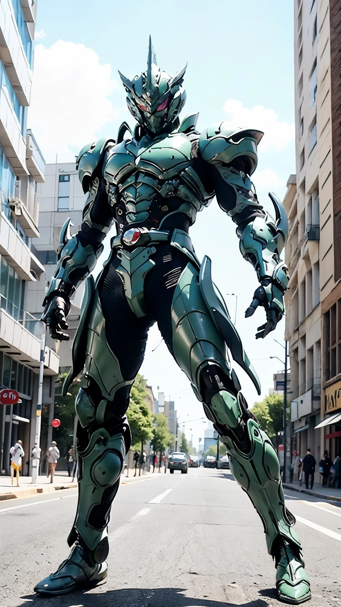 A man wearing a full-face helmet, a fantasy-style biotech armored combat suit, green eyes, (a composite layered chest armor), fully enclosed shoulder guards, matching arm and leg guards, the belt is adorned with fangs biting into gemstone, (the color scheme is primarily white with red and blue accents), the design balances heavy with agility, a high-tech bio-mecha armor, (Armor Concept Inspired by cobra, stand on the top of a skyscraper in a futuristic sci-fi city), this character embodies a finely crafted fantasy-surreal style armored hero in anime style, exquisite and mature manga art style, (battle damage, element, plasma, energy, the armor glows), ((male:1.5)), metallic, real texture material, dramatic, high definition, best quality, highres, ultra-detailed, ultra-fine painting, extremely delicate, professional, perfect body proportions, golden ratio, anatomically correct, symmetrical face, extremely detailed eyes and face, high quality eyes, creativity, RAW photo, UHD, 32k, Natural light, cinematic lighting, masterpiece-anatomy-perfect, masterpiece:1.5