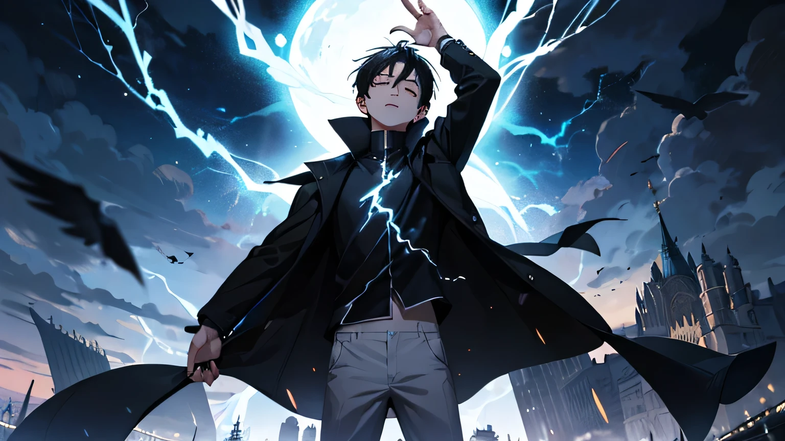 (Absurd, High resolution), 16k, (Panorama), Little Boy, teenager, close your eyes, Open your arms, short hair, Black Hair, Black coat, White underwear, Extremely detailed, lightning, magic, magic Array, Exaggerated light, Shine, magic, floating, evening.