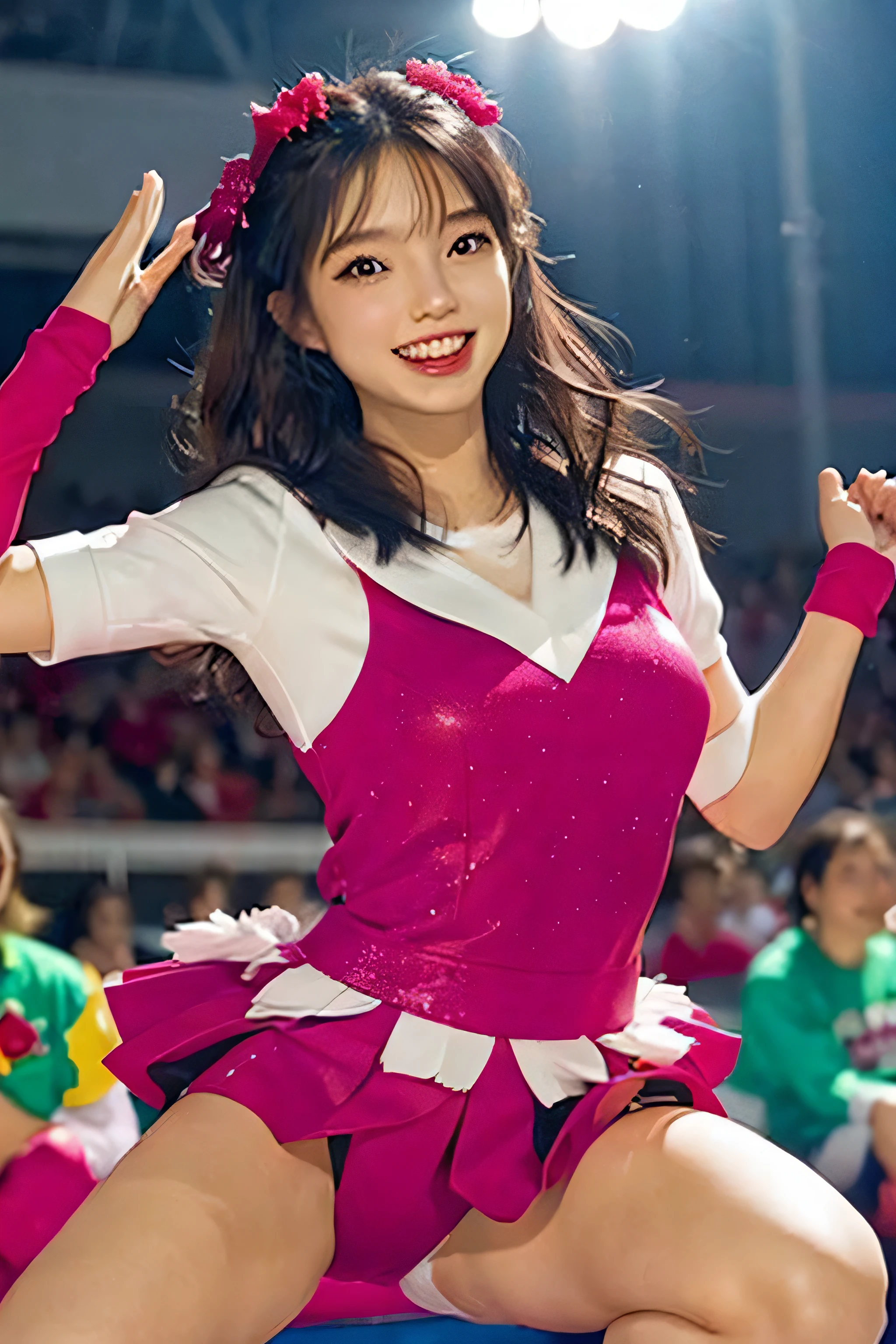 Japanese Idol Cheerleader,Painting,High resolution,Very detailed,Realistic:1.37,Bright colors,High resolution,Studio Lighting,Sharp focus, Dance cheerfully,Smile happily,Perfect Makeup,Great costumes, Crowd cheers,An exciting atmosphere,Dynamic pose,expressive movement, Beautiful Hair,Sparkling eyes,Rose Cheeks,Fuller lips, Red pompons,Flying confetti,Shining Spotlight, Captivating performance,Cheerful cheers,Unforgettable memories、Squat down and spread your legs wide
