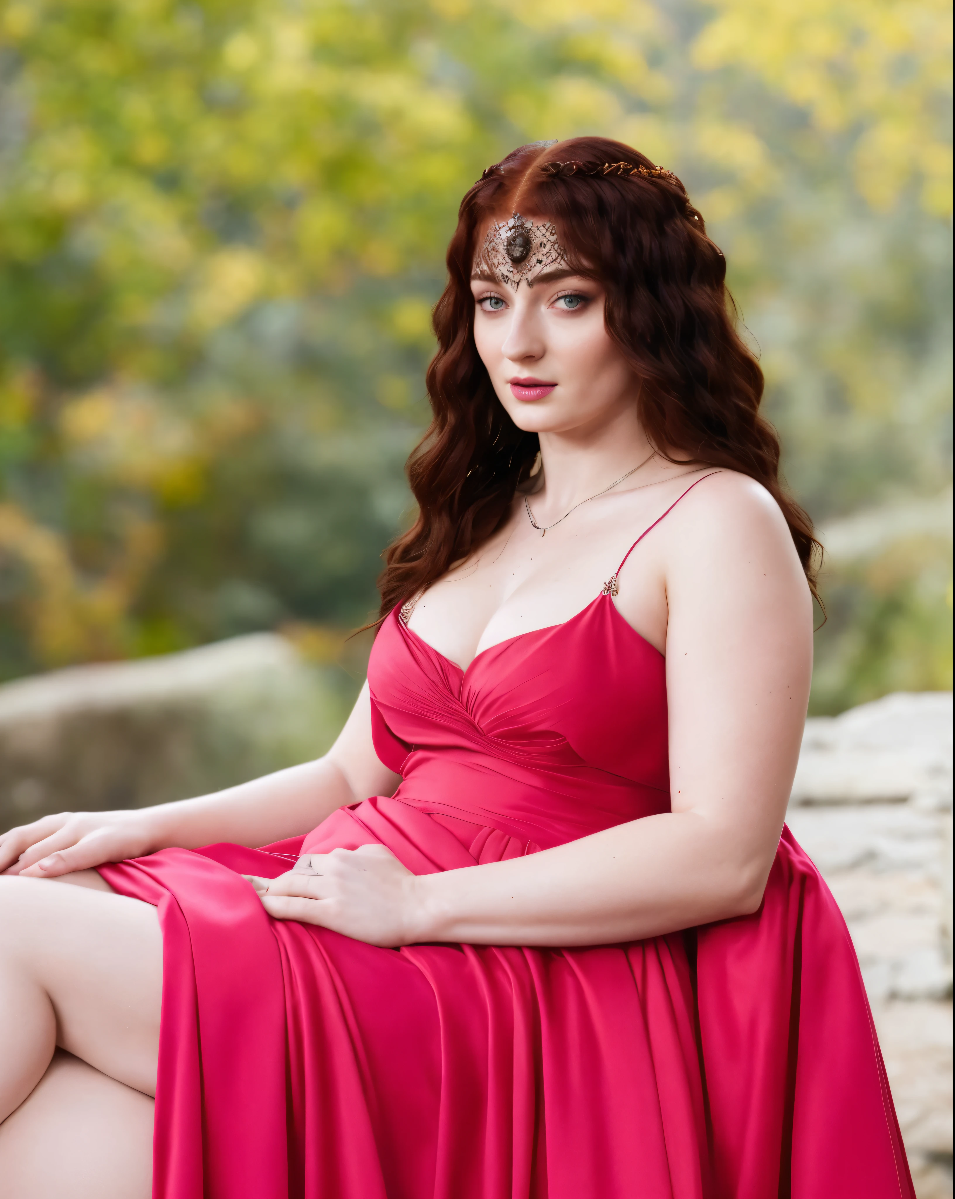 Face of Sophie Turner, Sansa Stark played by Sophie Turner, the de facto Lady of the Eyrie, is a 40-year-old mature queen with a stunning, alluring appearance. Full Face, pierced eyes, reddish lips, upper body shot, erotic Mediaeval costumes, game of thrones costumes, She wears a Game of Thrones-inspired costume and has a deep cleavage, a perfect thick body, and a perfect thick figure. The photograph captures her in a close-up, with her skin texture and facial features being ultra-realistic and realistic. Juicy thick figure, high quality skin, Skin pores, amazing details,