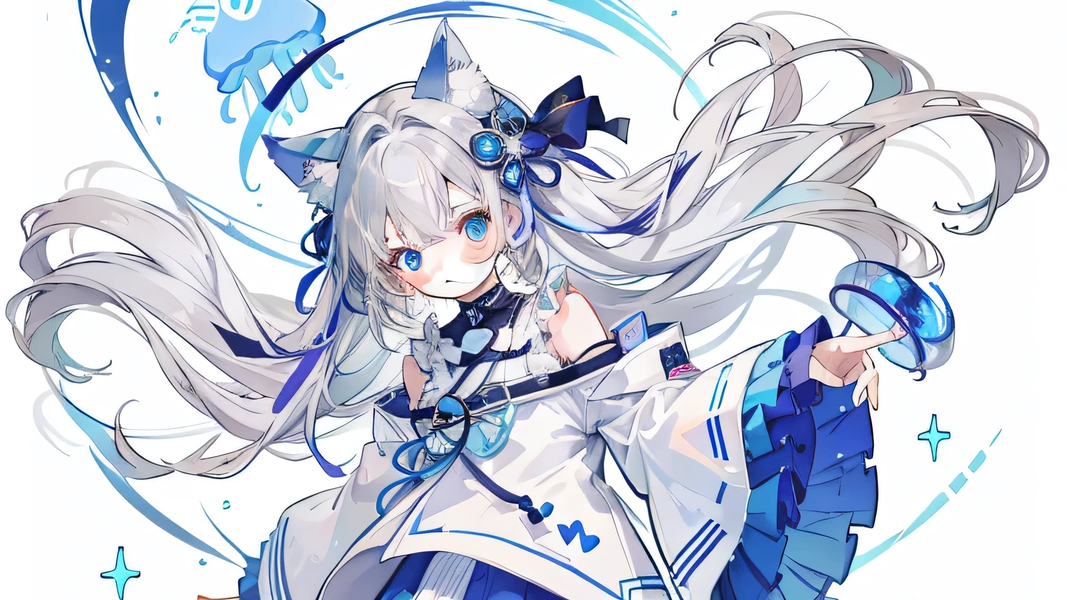 Anime Images。Bright and beautiful colors。A cute 18-year-old woman wearing cat ears、Clothes with designs based on ethnic costumes。Flowers flutter。The background is a flat cute pattern。Very high quality、Very high quality、Tabletop、Best aesthetics、Light Blue Theme、Adorable、Sparkling Heart、Depth of written boundary、jellyfish、Cute jellyfish、Gray Hair、Dark blue ribbon on white hair、Lots of ribbon clothes