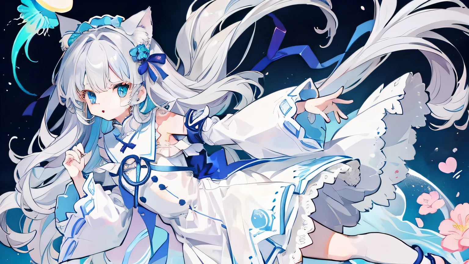 Anime Images。Bright and beautiful colors。A cute 18-year-old woman wearing cat ears、Clothes with designs based on ethnic costumes。Flowers flutter。The background is a flat cute pattern。Very high quality、Very high quality、Tabletop、Best aesthetics、Light Blue Theme、Adorable、Sparkling Heart、Depth of written boundary、jellyfish、Cute jellyfish、Gray Hair、Dark blue ribbon on white hair、Lots of ribbon clothes