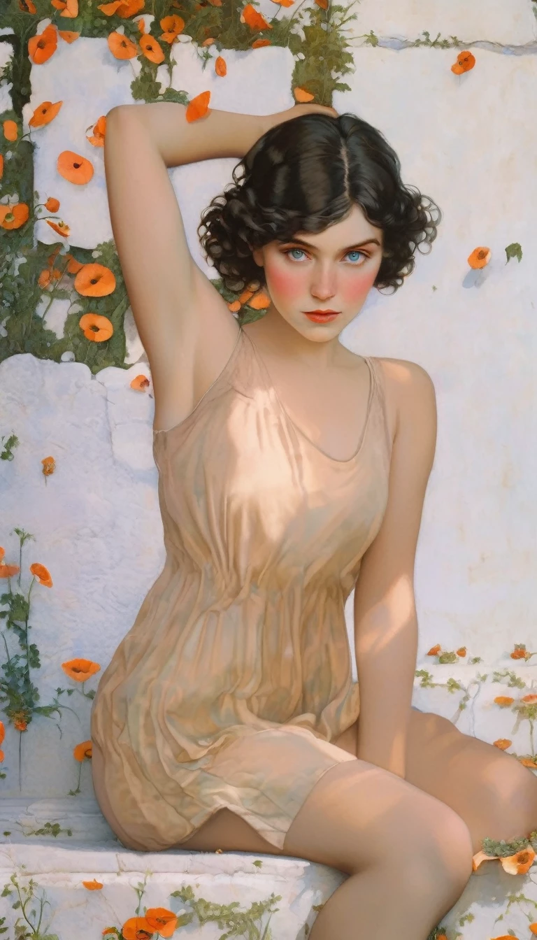 ((beste-Qualit)), ((tmasterpiece)), ((Realistic)), ung girl, Poppy field, Colorful, Vintage IMPROVISATION, Feminine Pose, (Perfect skin), Complicated details, Extremely detailed, Raw, HDR, ((in the style of Carlos-Schwabe:0,4/Karl-Larsson:0,6)), 8K