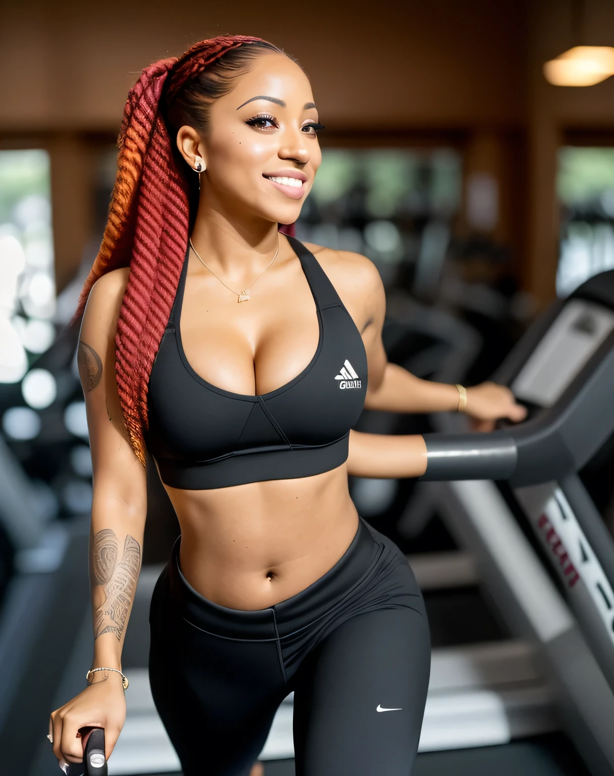 RAW photo, ((full body )) of ingrid Belásquez, venezuelan, a beautiful woman, 18 yo, brunette, wears a(( Athleisure outfit)),cleavage, (busty) , tanned skin, wonderful straight long Red longhair, round face, exotic light green eyes, fleshy mouth, thick lips, inocent face, eye contact, backing the camera, flirting at camera, dslr, high quality, film grain, hasselblad, helios 48mm f2, (((8k, best quality, masterpiece:1.2))), DETAILED SKIN
SKIN BLEMISH, (realistic, photo-realistic:1.37), Ultra-detailed, a close up of a Melaninated Caramel skin ebony woman with ((large hips)),sitting ((in the gym ((running on a treadmill)),Smiling and laughing with other people in the gym(((Looks like a mix of Dope celebrity females , Stacy Dash, Aalyah, Maya, Shakira, Ashcash, Danielle Bregoli Bhad Bhabie Hairstyle, Female Rapper Latto, Rubi Rose, RENNI RUCCI cardi b,nicky minaji)))