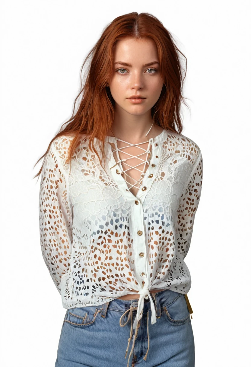 twenty year old woman, straight auburn hair, bohemian style, photorealism, high quality, 8k, 130 lbs, 90s style, 1990s, lace up shirt, no background