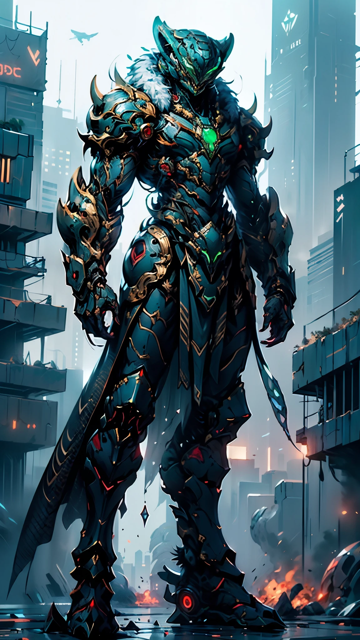 A man wearing a full-face helmet, a fantasy-style biotech armored combat suit, green eyes, (a composite layered chest armor), fully enclosed shoulder guards, matching arm and leg guards, the belt is adorned with fangs biting into gemstone, (the color scheme is primarily white with red and blue accents), the design balances heavy with agility, a high-tech bio-mecha armor, (Armor Concept Inspired by cobra, stand on the top of a skyscraper in a futuristic sci-fi city), this character embodies a finely crafted fantasy-surreal style armored hero in anime style, exquisite and mature manga art style, (battle damage, element, plasma, energy, the armor glows), ((furrycobra:1.2, male:1.5)), metallic, real texture material, dramatic, high definition, best quality, highres, ultra-detailed, ultra-fine painting, extremely delicate, professional, perfect body proportions, golden ratio, anatomically correct, symmetrical face, extremely detailed eyes and face, high quality eyes, creativity, RAW photo, UHD, 32k, Natural light, cinematic lighting, masterpiece-anatomy-perfect, masterpiece:1.5