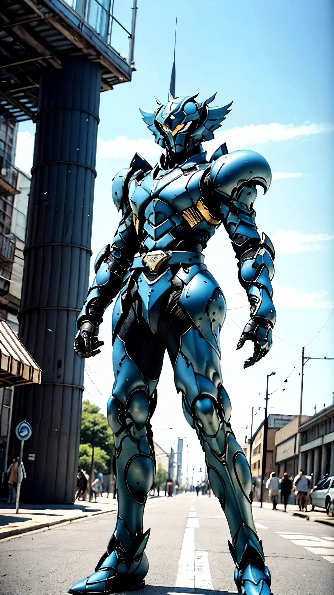 A man wearing a full-face helmet, a fantasy-style biotech armored combat suit, green eyes, (a composite layered chest armor), fully enclosed shoulder guards, matching arm and leg guards, the belt is adorned with fangs biting into gemstone, (the color scheme is primarily white with red and blue accents), the design balances heavy with agility, a high-tech bio-mecha armor, (Armor Concept Inspired by cobra, stand on the top of a skyscraper in a futuristic sci-fi city), this character embodies a finely crafted fantasy-surreal style armored hero in anime style, exquisite and mature manga art style, (battle damage, element, plasma, energy, the armor glows), ((furrycobra:1.2, male:1.5)), metallic, real texture material, dramatic, high definition, best quality, highres, ultra-detailed, ultra-fine painting, extremely delicate, professional, perfect body proportions, golden ratio, anatomically correct, symmetrical face, extremely detailed eyes and face, high quality eyes, creativity, RAW photo, UHD, 32k, Natural light, cinematic lighting, masterpiece-anatomy-perfect, masterpiece:1.5