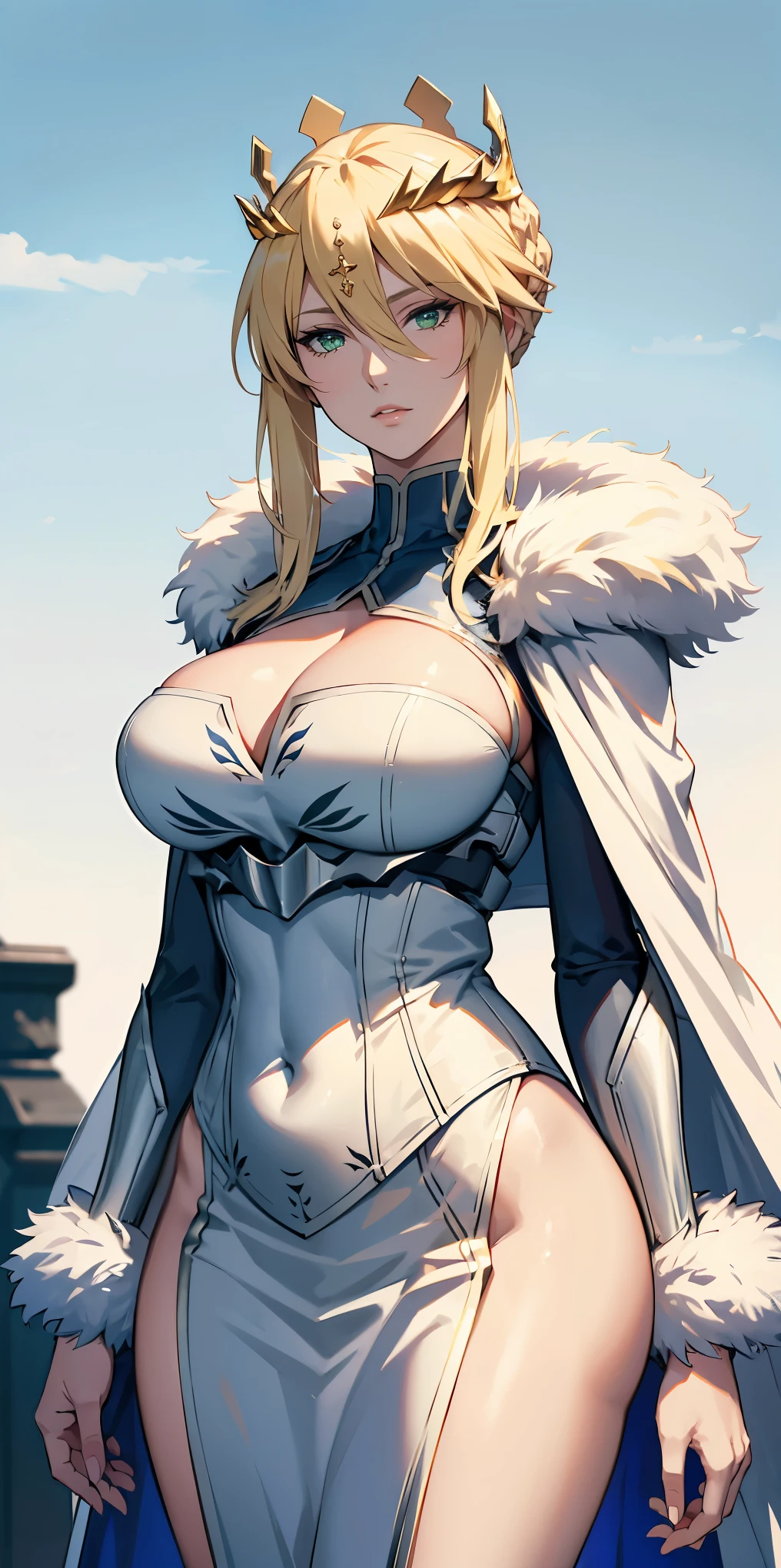 Artoria Lancer, mature woman, elegant, blonde hair, green eyes, casual clothes, crown, white cape, fur trim, portrait, upper body, curvaceous, 4k resolution, high quality