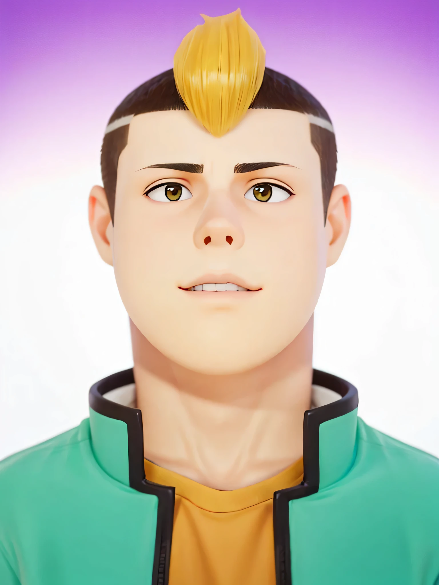 A boy buzzcut yellow and black hair,