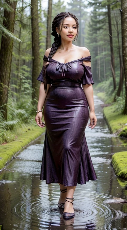 A 1 meter 60 year old busty woman raining with her body all wet and the rain falling on her dress Walking through the forest with her feet on the ground braided hair in a compound, elegant style is portrayed in a stunning scene. Your braided hair displays a variety of patterns and textures, demonstrating skill and art in creating the hairstyle. The woman is portrayed with a confident posture, sorridente e orgulhosa, destacando sua beleza e autenticidade. Your facial features are distinct and expressive, reflecting your individuality and inner strength. The scene is softly lit, highlighting the details of the braided hair and the beauty of the woman. Your presence is captivating, conveying a sense of grace and determination. This depiction of a black woman with braided hair is a celebration of black culture and beauty., capturing the elegance and pride of a traditionally significant hairstyle. ela toda molhada