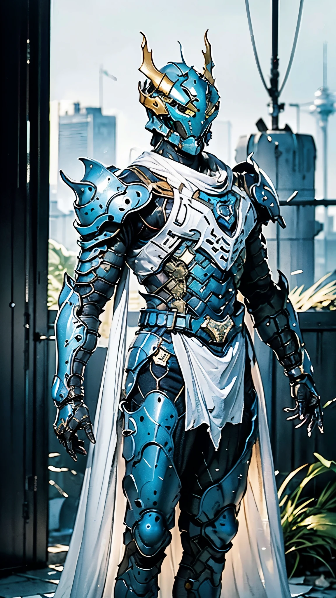 A man wearing a full-face helmet, a fantasy-style biotech armored combat suit, green eyes, (a composite layered chest armor), fully enclosed shoulder guards, matching arm and leg guards, the belt is adorned with fangs biting into gemstone, (the color scheme is primarily white with red and blue accents), the design balances heavy with agility, a high-tech bio-mecha armor, (Armor Concept Inspired by cobra, stand on the top of a skyscraper in a futuristic sci-fi city), this character embodies a finely crafted fantasy-surreal style armored hero in anime style, exquisite and mature manga art style, (battle damage, element, plasma, energy, the armor glows), ((male:1.5)), metallic, real texture material, dramatic, high definition, best quality, highres, ultra-detailed, ultra-fine painting, extremely delicate, professional, perfect body proportions, golden ratio, anatomically correct, symmetrical face, extremely detailed eyes and face, high quality eyes, creativity, RAW photo, UHD, 32k, Natural light, cinematic lighting, masterpiece-anatomy-perfect, masterpiece:1.5