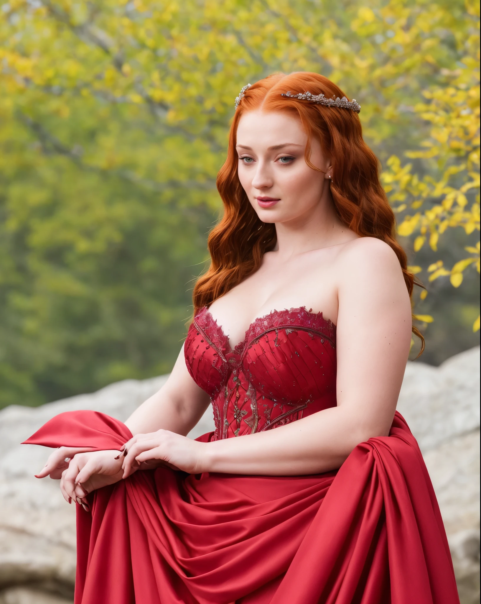 Face of Sophie Turner, Sansa Stark played by Sophie Turner, the de facto Lady of the Eyrie, is a 40-year-old mature queen with a stunning, alluring appearance. Full Face, pierced eyes, reddish lips, upper body shot, erotic Mediaeval costumes, game of thrones costumes, She wears a Game of Thrones-inspired costume and has a deep cleavage, a perfect thick body, and a perfect thick figure. The photograph captures her in a close-up, with her skin texture and facial features being ultra-realistic and realistic. Juicy thick figure, high quality skin, Skin pores, amazing details,