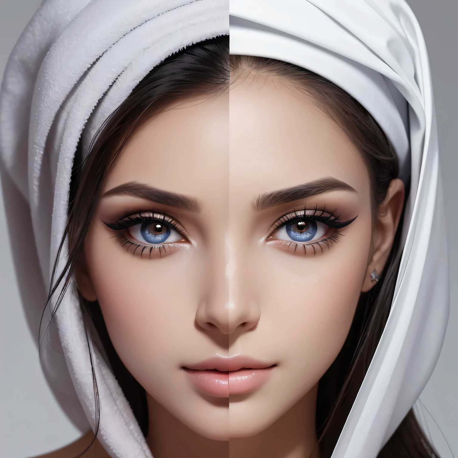 Description of a beautiful girl, beautiful detailed face, undergoing plastic surgery, lined with makeup, eyes lined with kohl, nose undergoing plastic surgery, enlarged lips lined with makeup, fine details, realistic white woman&#39;s body, soft cotton dress, velvet open chest, large breasts exposed shoulders Big breasts, flawless composition, 