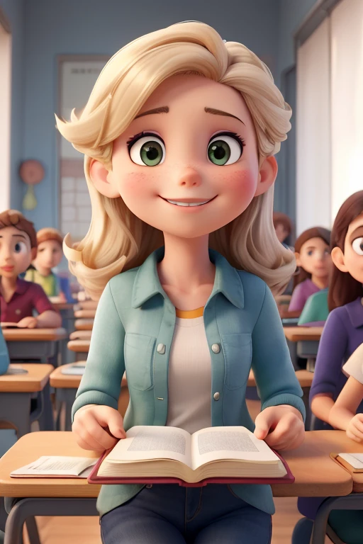 illustration, Obra de arte, melhor qualidade, School teacher with several students (meninas e meninos) lendo livros sentados lado a lado, They wave at us, feliz, corpo todo, em the style of children book character, ficha de personagem, fundo branco, adjetivo + objeto, ficha de personagem, personagem de livro , fundo branco, fundo branco, lookemg at viewer, cabelo curto,