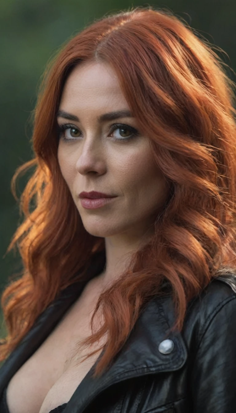 A woman, around 40 years old, with a depraved expression on her face. She is dressed in a leather jacket, with a blouse underneath. She is wearing heels and over-knee boots, which are emphasized with a strength of 1.5. She is also wearing jeans, with a slight emphasis of 1.2. Her hair is colored in a vibrant copper-red shade, creating a strong contrast against the dark forest background. The overall image should have the best quality, with a resolution of 4k or 8k. The details of the woman's face should be ultra-detailed and realistic, with a photorealistic quality of 1.37. The lighting should be carefully designed to highlight the woman's features and create a dramatic atmosphere.
