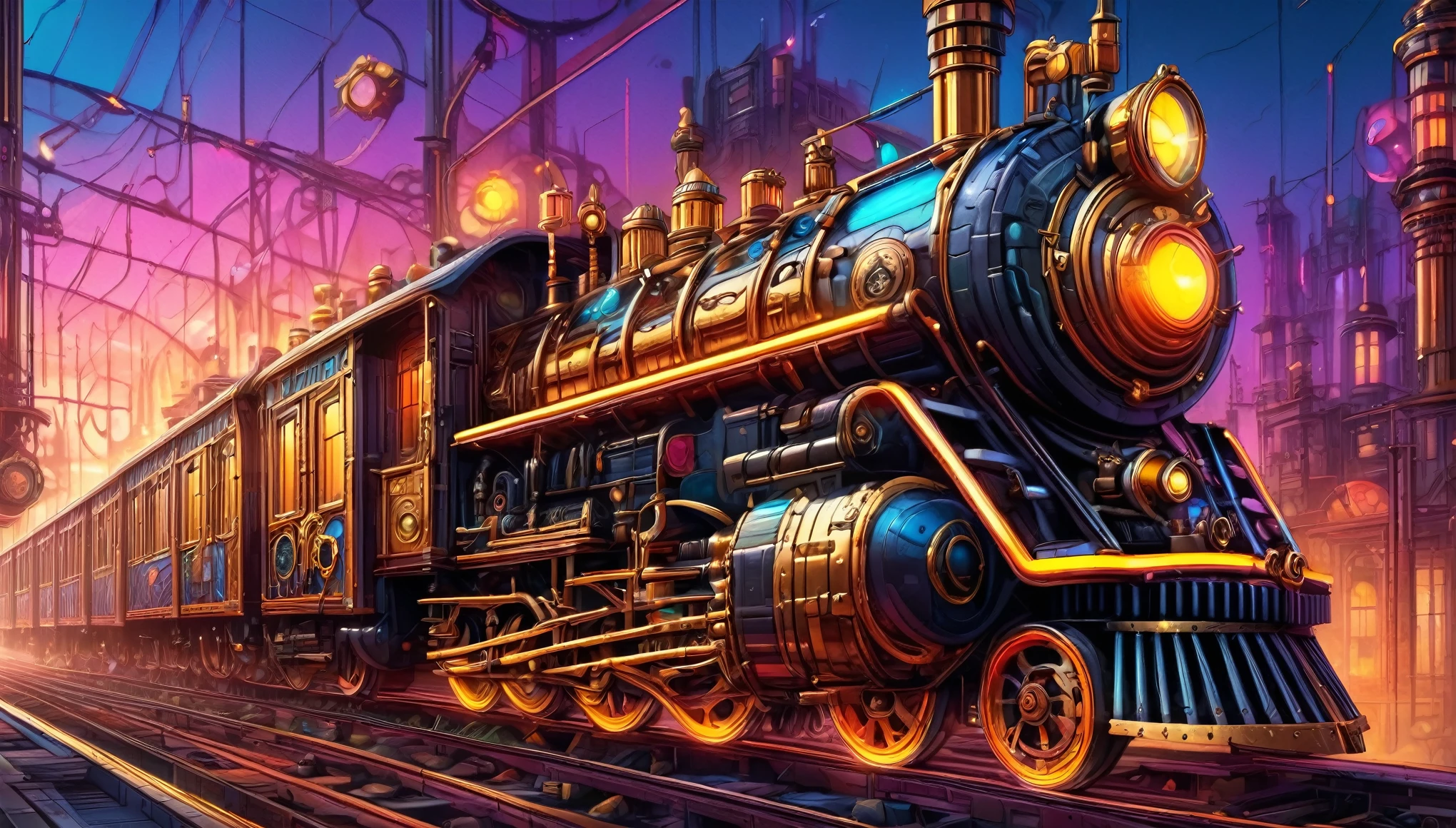 (best quality,8k,masterpiece:1.2),ultra-detailed,high-res,steampunk:1.5 steam punk train:1.5 and neon, transgressive art, sharp focus, Octane rendering, saturated colors, pastel colors, neon light,, neon, LED smoky ((Crazy scientific:1.5 wearing steampunk hat)), mad-tilestyle