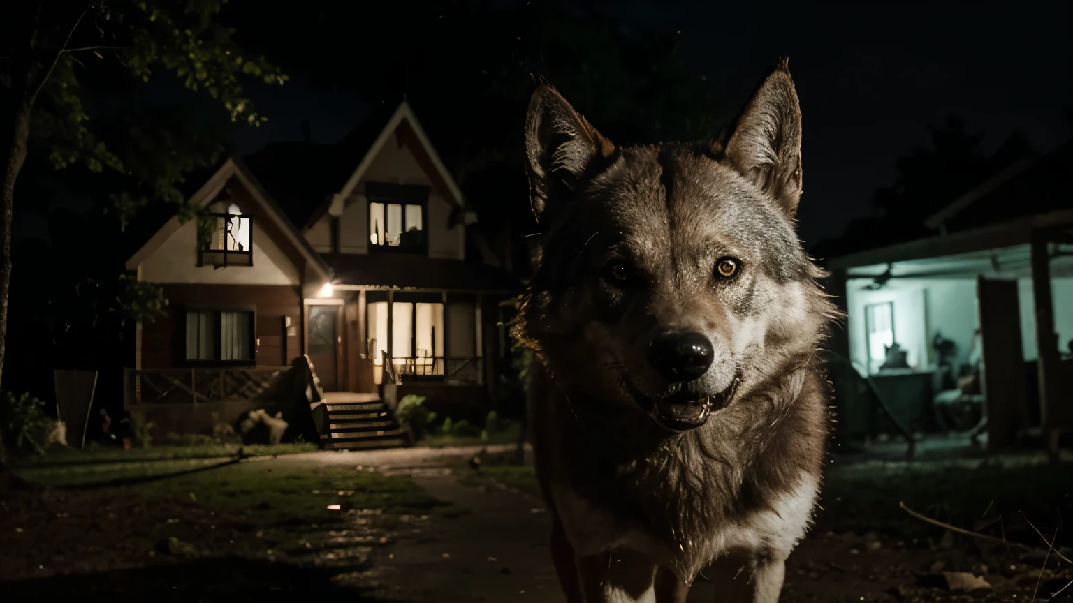 Imagem de um lobo mal super de terror ao lado de fora de uma casa de tijolos em uma noite sombria