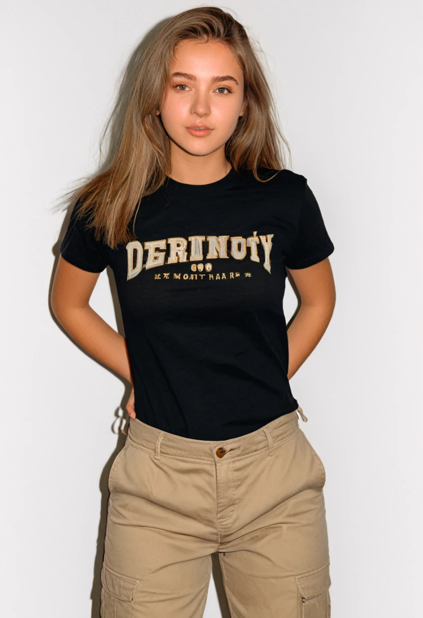 twenty year old woman, straight sandy hair, shy and demure pose, photorealism, high quality, 8k, 130 lbs, 90s style, 1990s, tee shirt and khakis, no background
