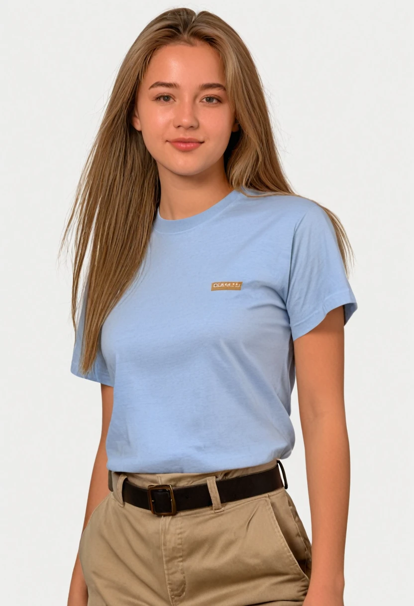twenty year old woman, straight sandy hair, shy and demure pose, photorealism, high quality, 8k, 130 lbs, 90s style, 1990s, tee shirt and khakis, no background
