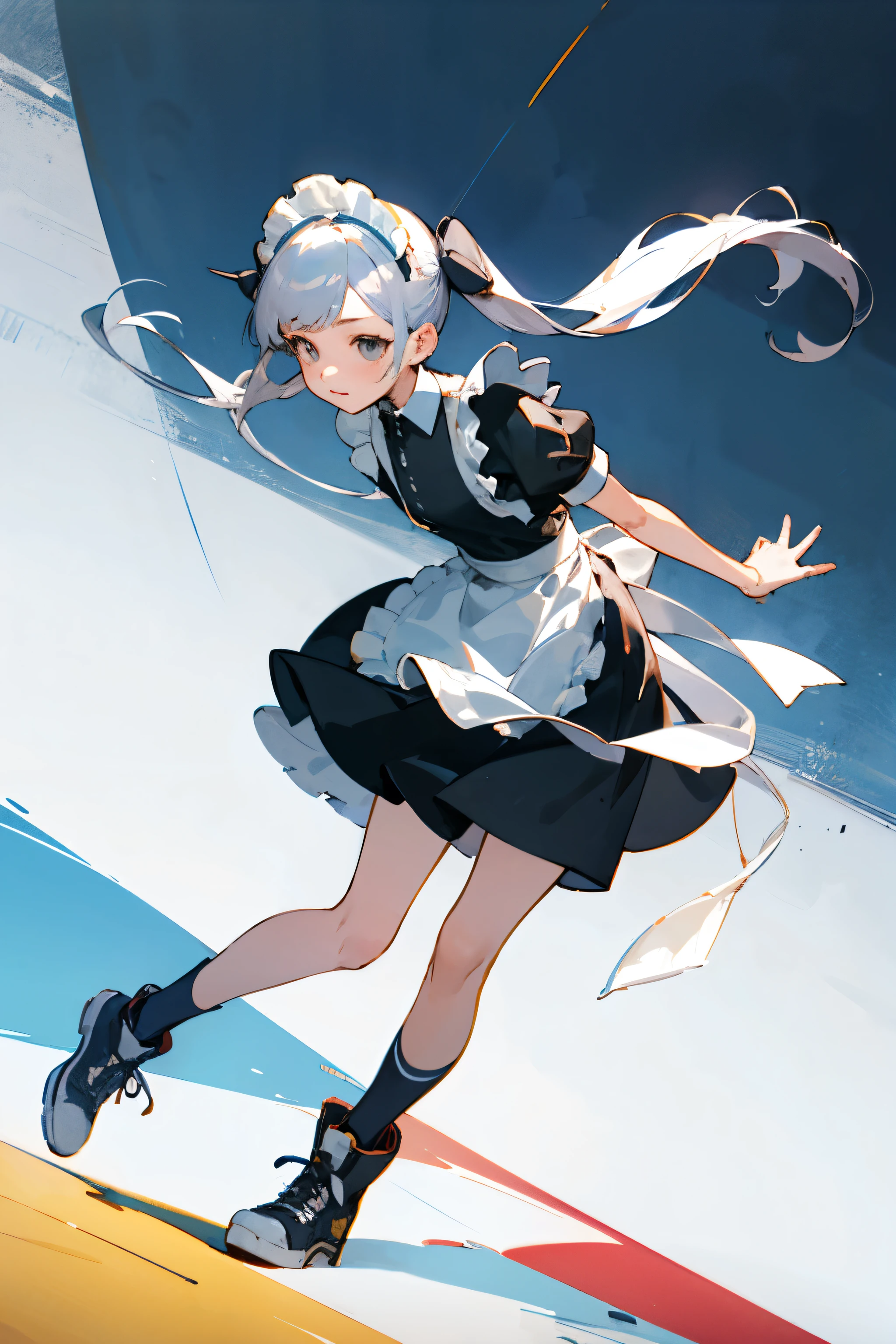 An illustration、Maid、girl、Mini length culottes skirt、sports boots、Silver Hair、Half Twin Tail