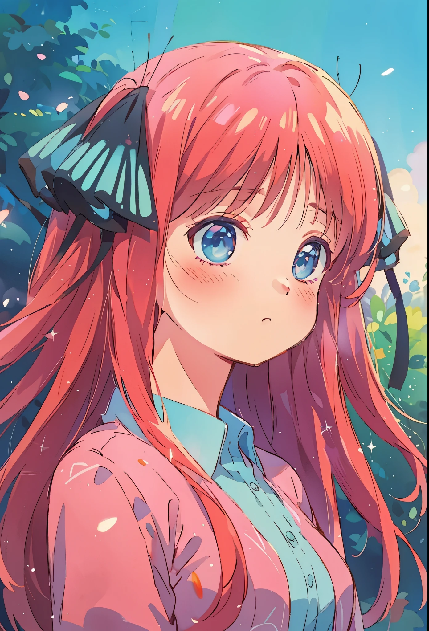 Nino nakano, Higher quality, soft vivid colours, dreamy nebula, fairy core, lovely, splendid, delicacy, pearly dim light, 4k, extremely detailed, sparkling eyes, perfect face, soft smile, sweet face, lovely, l、watercolor paiting, Ultra Detail, , soft pastel colours, diffused dreamy light, pearly nebula, Heart, iridescent, cute, crystal, blue sky, iridescent clouds, pastels, dark starry sky,