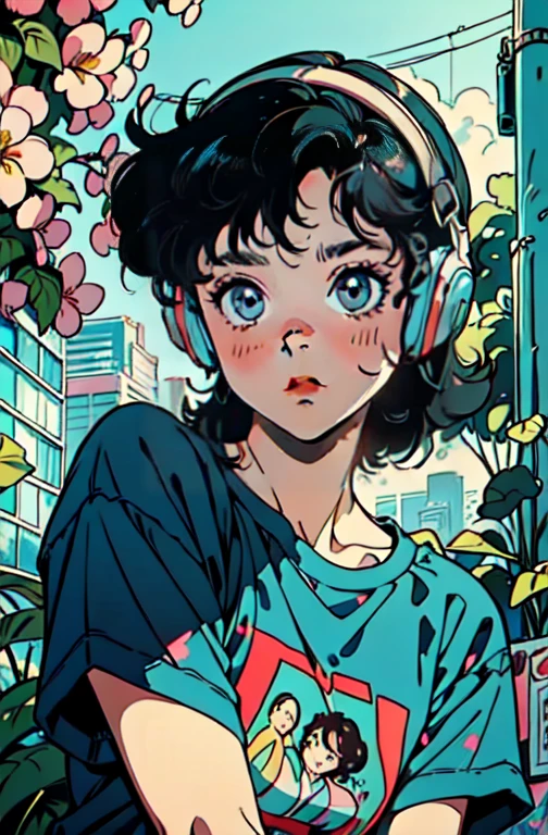 1boy,short black hair,blue eyes,headphones over ears,graphic t-shirt,green shorts,sneakers,artistic background,abstract painting, vibrant colors,upbeat atmosphere,high-quality illustration(4k,realistic),summer sunshine,dynamic pose,surrounded by nature,leaves and flowers,fresh air,motion blur effect,creative expression,urban setting,lively street art,vibrant cityscape,dramatic lighting,shadows and highlights,detailed facial features,expressive eyes,smiling lips,clean and sharp lines,energetic vibe,modern and stylish aesthetics,playful and youthful energy,confident posture,casual and comfortable attire,positive and lively mood,inviting and engaging composition,curiosity and enthusiasm,joy and happiness.