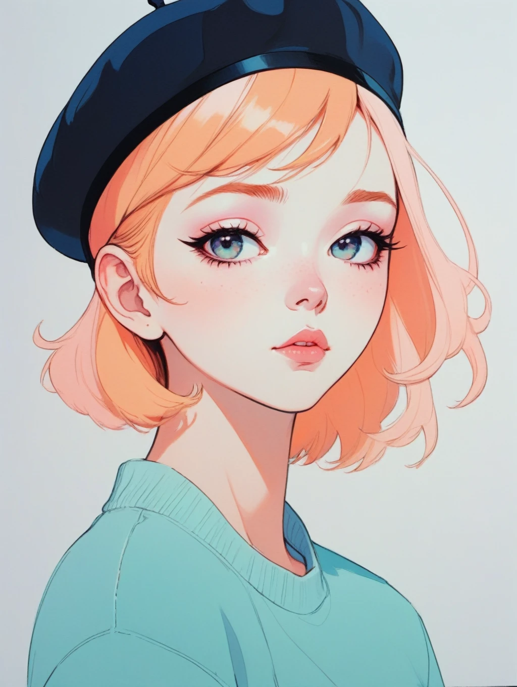 girl wearing a beret, very anime!!! anime!! intricate details, aesthetically pleasing pastel colors, poster background, art by conrad roset and ilya kuvshinov
