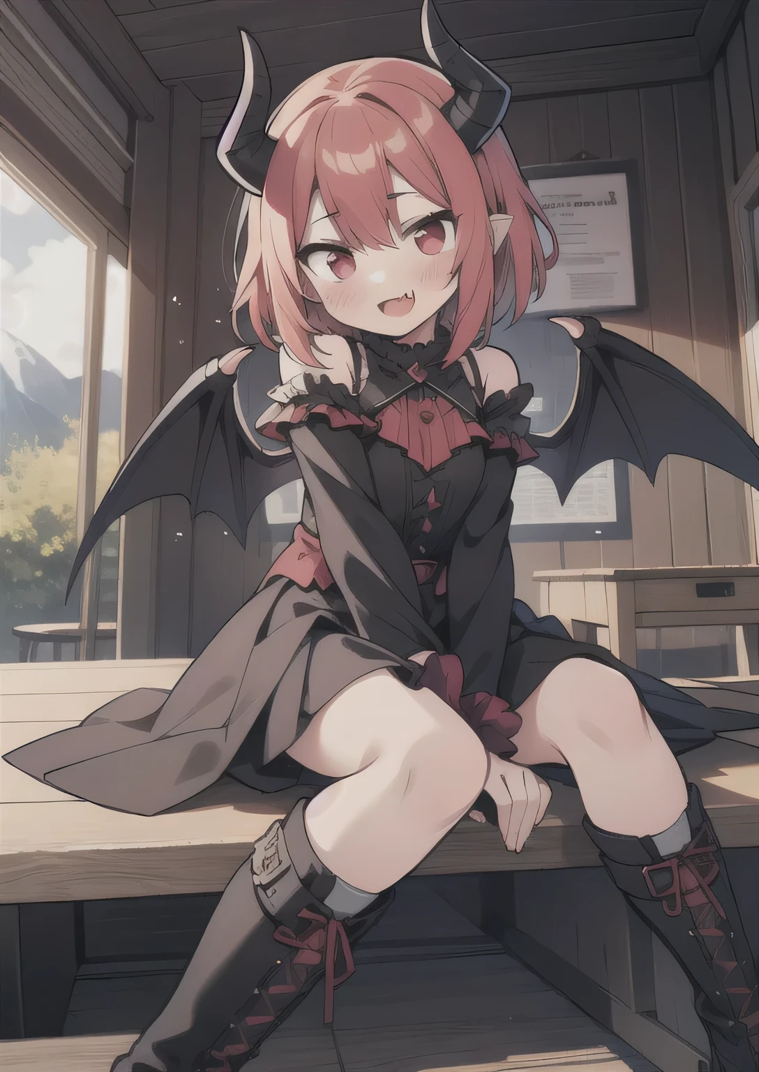 8K, 1girl, petit, , kawaii vampire, crimson hair, short hair, red eyes, bat wings, smile, (blush), (shy), fang, boots, looking at viewer, dynamic angle, wind, game cg, fantastic scenery, demon tail, black horns, sitting on teacher lap, lewd