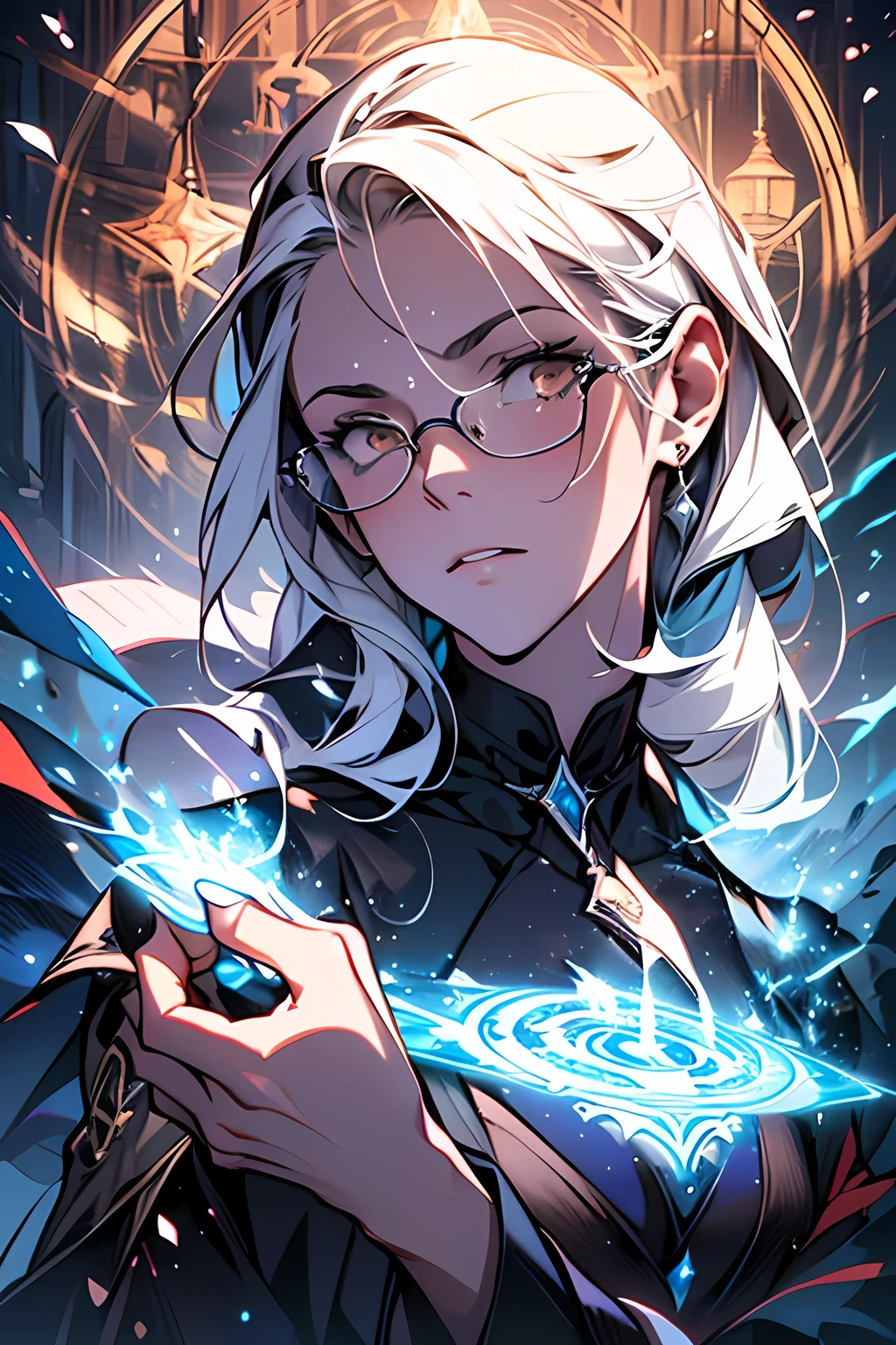 (best quality,4k,8k,highres,masterpiece:1.2), ultra-detailed, (realistic,photorealistic,photo-realistic:1.37), a 28-year-old man with silver hair and brown eyes wearing glasses, England 19th century, an exorcist, blue fire, anime style, portraits, antique, supernatural, gothic, smoky atmosphere, mystical artifacts, mysterious shadows, Victorian fashion, intense expression, candlelit room, dramatic lighting, intricate details, hauntingly beautiful, ethereal aura.