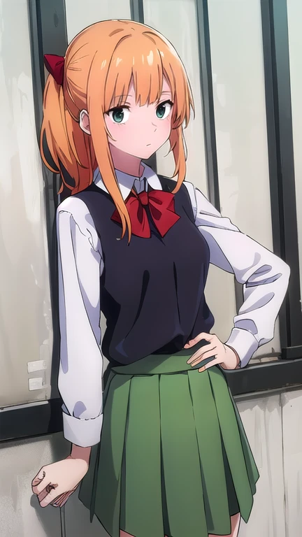 best quality,4k,8k,highres,masterpiece:1.2),umasterpiece,high quality,solo,
Orange hair, green eyes,
gray skirt, white long sleeve blouse, red bow, , green zhongshan, high quality, school graffiti in the background.