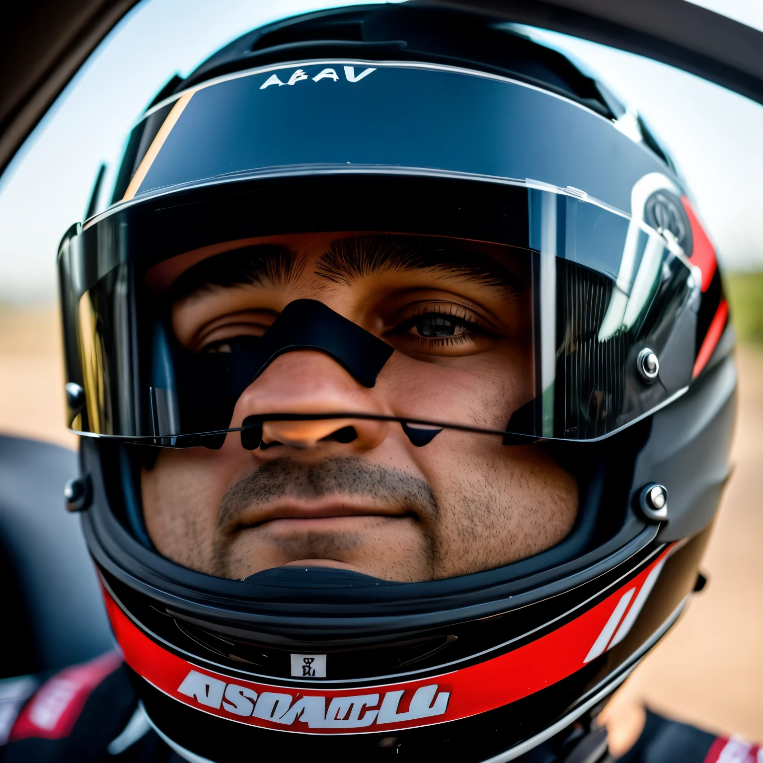 Piloto de capacete com visor preto dentro de um carro de corrida, fazendo uma curva e o visor tapando o rosto dele 