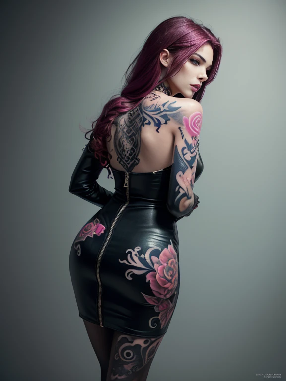 tattooed woman with red loose pony tail hair and glasses posing in a corset, tattooed goth pinup aerith gainsborough, inked, corset, very tight corset, vests and corsets, see through corset, transparent corset, tattooed, inked and colored, lace lingerie, tattooed body, thin black lingerie, anatomical perfection, style of ink, pinup voluptuous seductive body, gorgeous female goth, corsets, elegant corset, perfect heart shaped ass, thicc thighs, facing backwards looking forward, neon sapphire eyes, Death knight Bracers & Shoulder Armor, sexy see through lace sundress